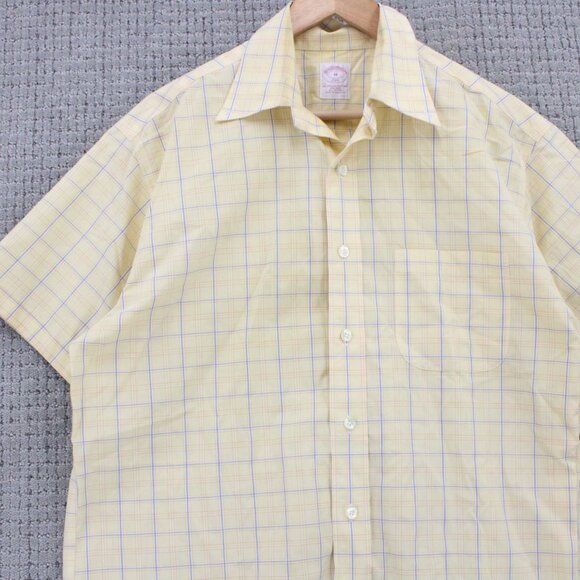 Brooks Brothers Shirt Mens Medium M Yellow Beige Plaid Button Down Short Sleeve - Picture 4 of 9